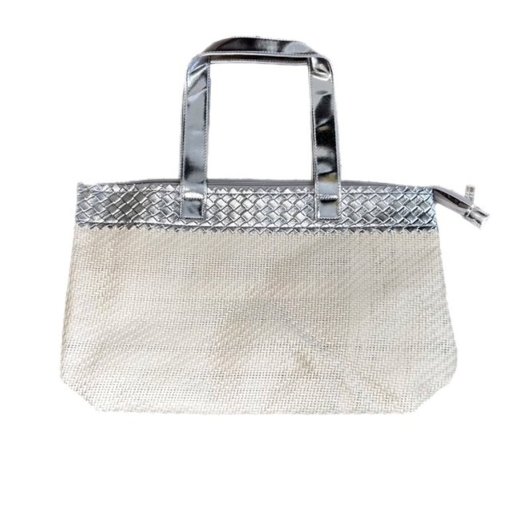 Elizabeth Arden Straw Bag Purse Silver Handle with 6 pc Sample Set New With Tags